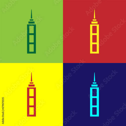 Pop art Skyscraper icon isolated on color background. Metropolis architecture panoramic landscape. Vector