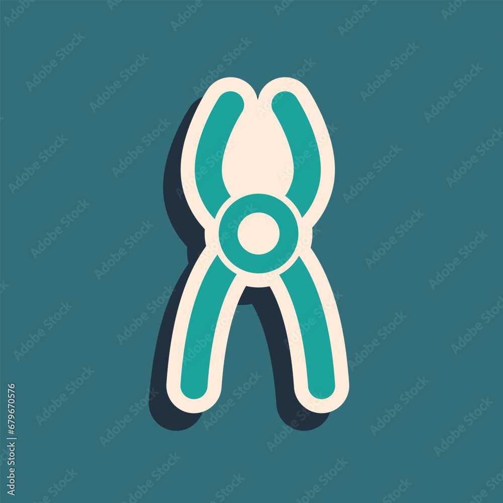 Green Dental pliers icon isolated on green background. Dental equipment. Long shadow style. Vector Green Dental pliers icon isolated on green background. Dental equipment. Long shadow style. Vector