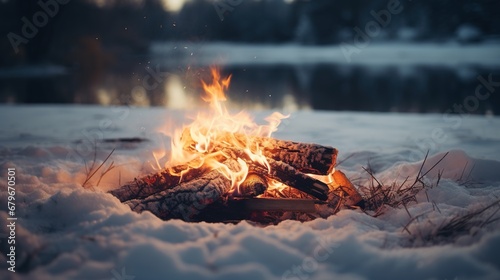 Generative AI, Burning bonfire, beautiful winter landscape, camping outdoor concept in neutral muted colors, tourist camp 