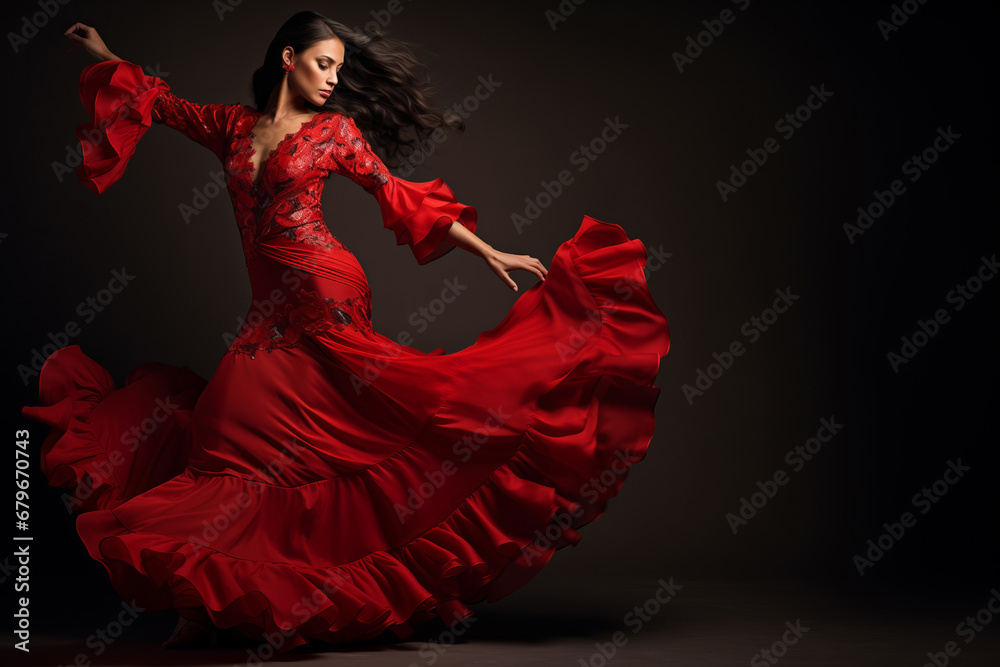 Obraz premium Young woman dancing flamenco on dark background in studio