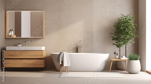 Minimalistic bathroom interior with plants in light colors. Bathing accessories and window. Design idea, style.