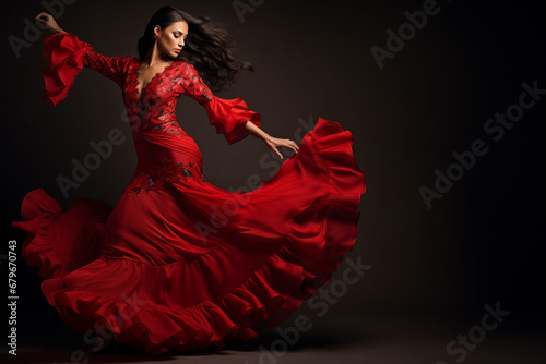Young woman dancing flamenco on dark background in studio photo