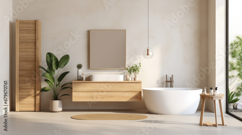 Minimalistic bathroom interior with plants in light colors. Bathing accessories and window. Design idea  style.