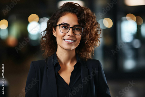 Young brunette business woman wearing glasses smiling at the city.