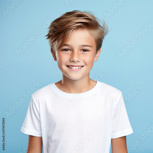 Cute smiling boy in plain white t shirt looking at camera in isolated studio light blue color background, ai technology