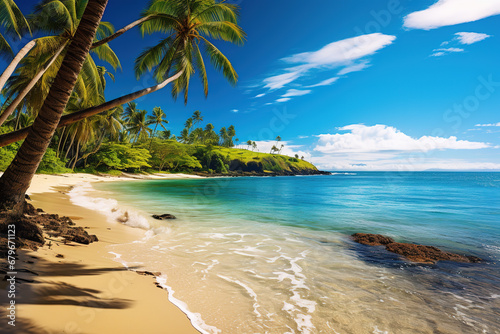 Tropical Beach with Palm Trees and Waves Crashing on the Shore