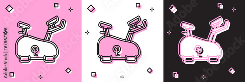 Set Stationary bicycle icon isolated on pink and white, black background. Exercise bike. Vector