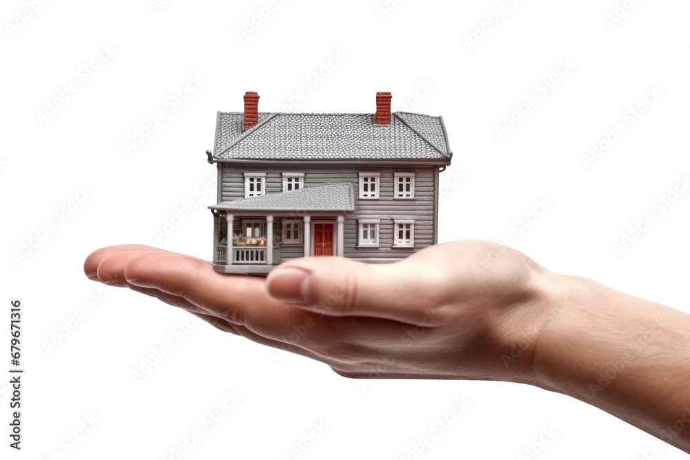 Hand holding model house for buy real estate concept. Generative Ai Hand holding model house for buy real estate concept. Generative Ai