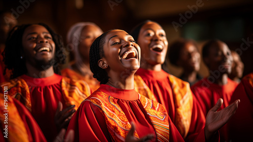 Black christian gospel singers of church praising Jesus Christ. Message of Christianity for christmas song music © Adin