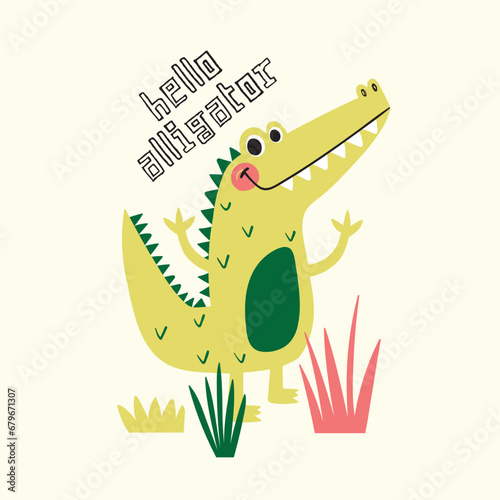print design with cute alligator drawing as vector