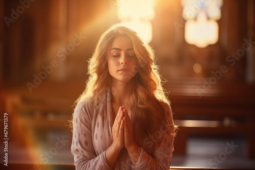 Young woman pray in church Christian life crisis prayer to god. Hands praying to god with bible on sunlight glare