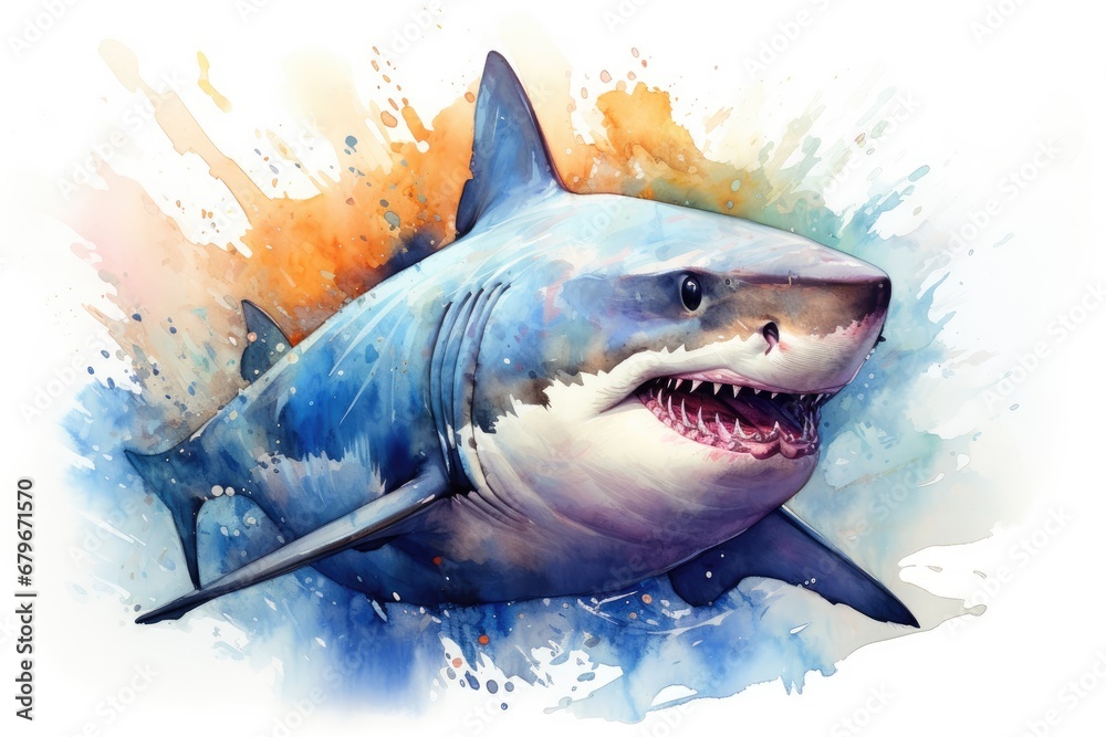 Obraz premium watercolor Shark Hungry shark illustration with splash watercolor textured background