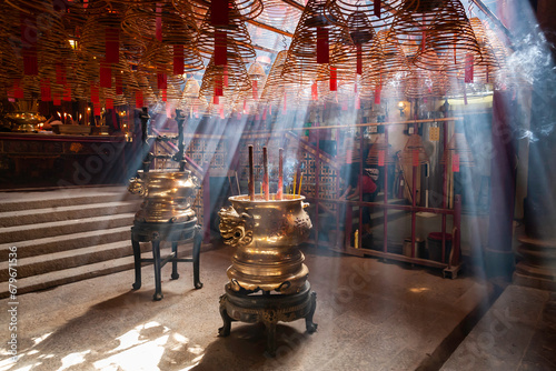 Burning incense coils inside Man Mo Temple, Sheung Wan, Hong Kong