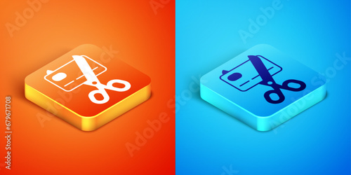 Isometric Scissors cutting a credit card icon isolated on orange and blue background. Online payment. Cash withdrawal. Financial operations. Shopping sign. Vector