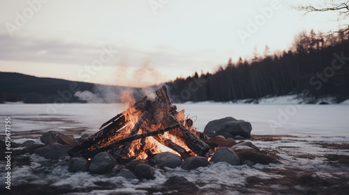 Generative AI, Burning bonfire, beautiful winter landscape, camping outdoor concept in neutral muted colors, tourist camp..