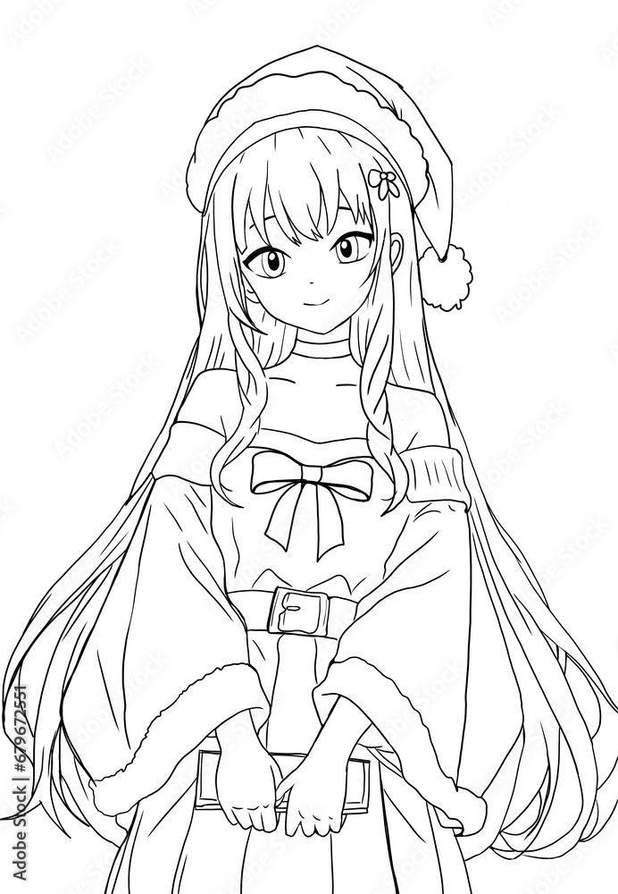 Sketch of a girl in anime style, wearing a Santa Claus hat for Christmas. Line art. Sketch of a girl in anime style, wearing a Santa Claus hat for Christmas. Line art.