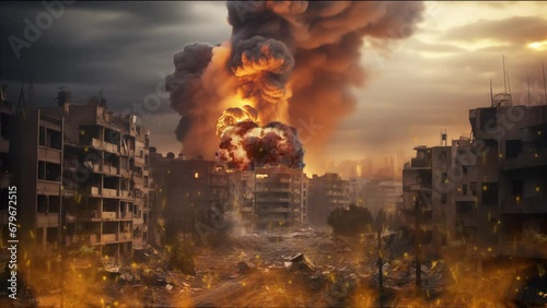Military destroyed city. Huge firestorm, explosions and smoke. War concept save the children    photo