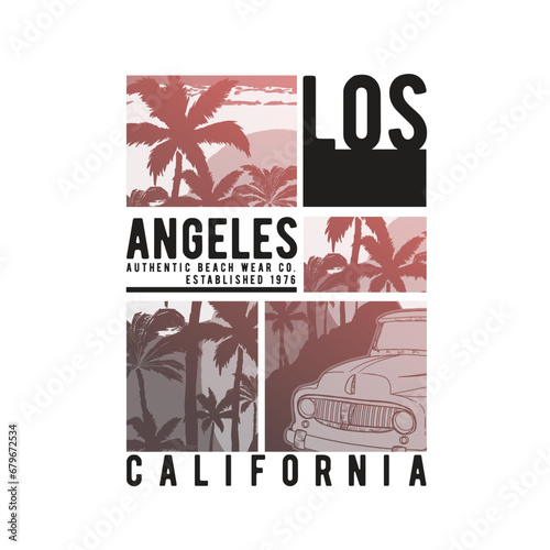 print design with typo, vintage truck and palm silhouette drawing as vector