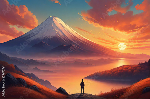 Mesmerizing Mountain Landscape: Sunset Silhouettes, A Lone Figure on Path Amidst Majestic Peaks. Generative AI.
