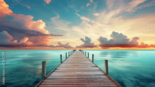 Wooden pier extending into the ocean, with a sunset on the horizon. Generative Ai