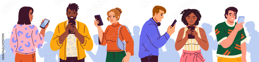 Smartphone and social media addiction. Group of people addicted to mobile phones. Men and women holding phones, surfing internet, scrolling online feed and chatting. Cartoon flat vector illustration
