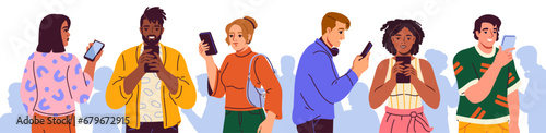 Smartphone and social media addiction. Group of people addicted to mobile phones. Men and women holding phones, surfing internet, scrolling online feed and chatting. Cartoon flat vector illustration