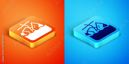 Isometric Sinking cruise ship icon isolated on orange and blue background. Travel tourism nautical transport. Voyage passenger ship, cruise liner. Vector