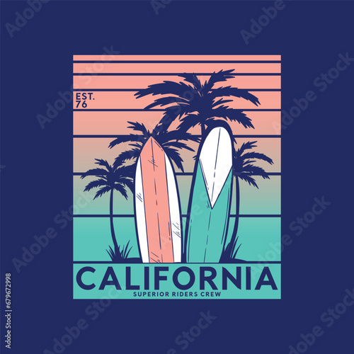 textile print design with palm and surf board drawing