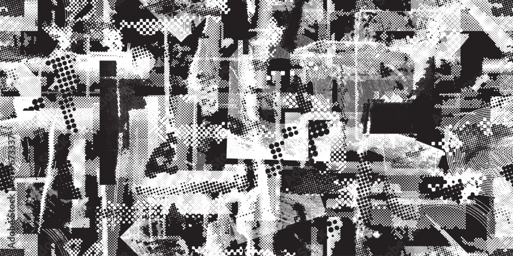 Obraz premium Glitch distorted grungy abstract forms . Halftone dots seamless pattern texture. Grange shapes .Grunge textured . Vector shapes with half tone dots .Screen print endless pattern texture