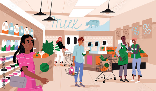 People buy groceries in supermarket. Man and woman customers walk around store with cart and choose product. Character making purchases. Everyday routine and shopping. Cartoon flat vector illustration