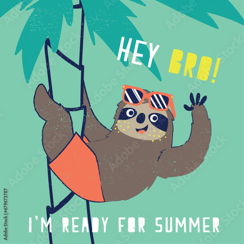 cute sloth illustration as vector for tee print