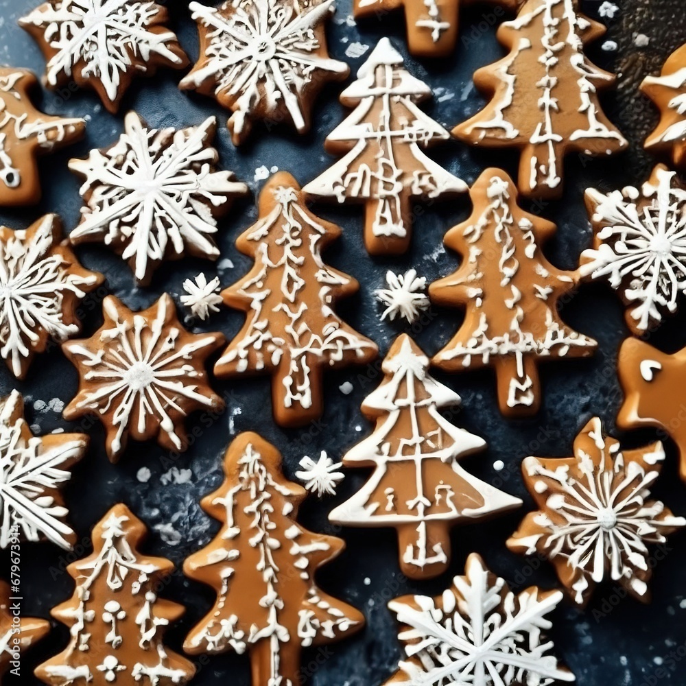 gingerbread Christmas trees and snowflakes on a background of bokeh lights. Christmas card.