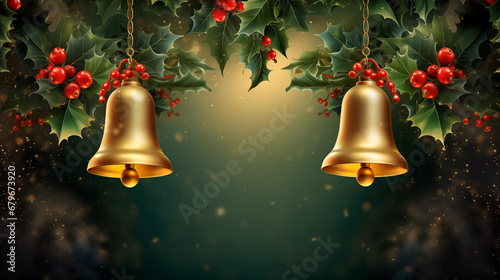 Red and green christmas background with golden bells and holly berries for poster, cover, invitation, postcard, background, advertisement