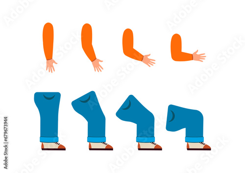 Set of Character Constructor for Animation. Legs and arms of small child with bent knees and elbows. Limbs at different moment of motion. Cartoon flat vector illustrations isolated on white background