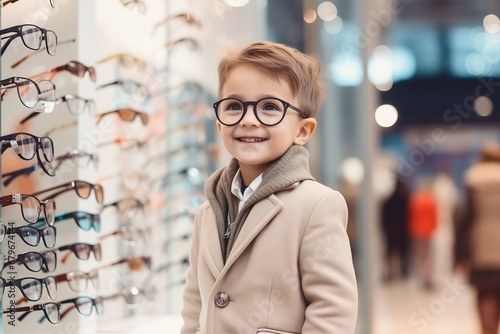 Little happy girl choosing glasses for vision eye at optical store