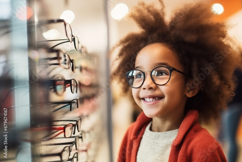 Little happy girl choosing glasses for vision eye at optical store photo