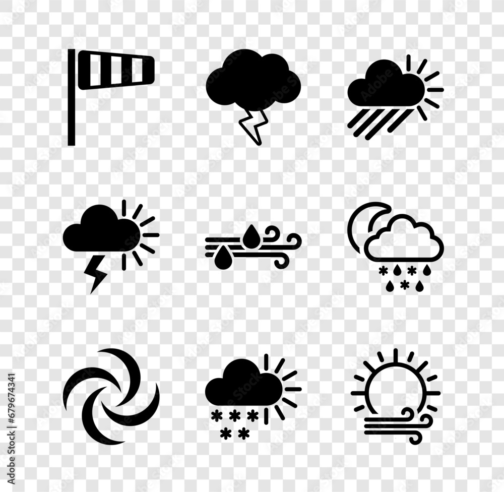 Obraz premium Set Cone windsock wind vane, Storm, Cloudy with rain and sun, Tornado, snow, Wind, and icon. Vector