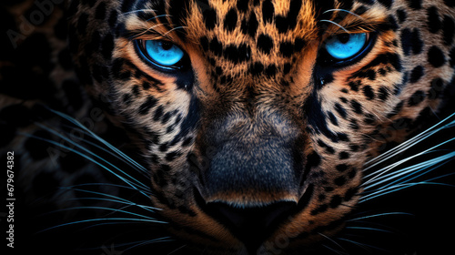close up portrait of leopard, A close up of a leopard with blue eyes and a black background