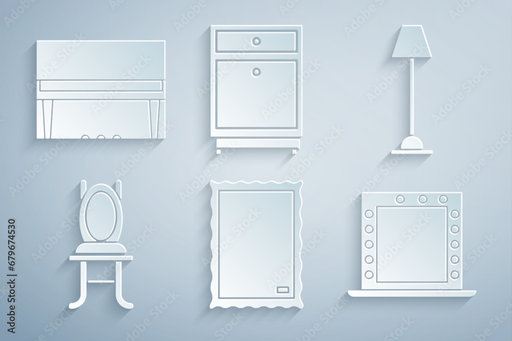 Set Picture, Floor lamp, Chair, Makeup mirror with lights, Furniture nightstand and Grand piano icon. Vector Set Picture, Floor lamp, Chair, Makeup mirror with lights, Furniture nightstand and Grand piano icon. Vector