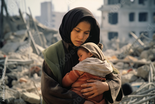 Young woman mother in hijab holds baby child against background of destroyed buildings home due to war or earthquake photo