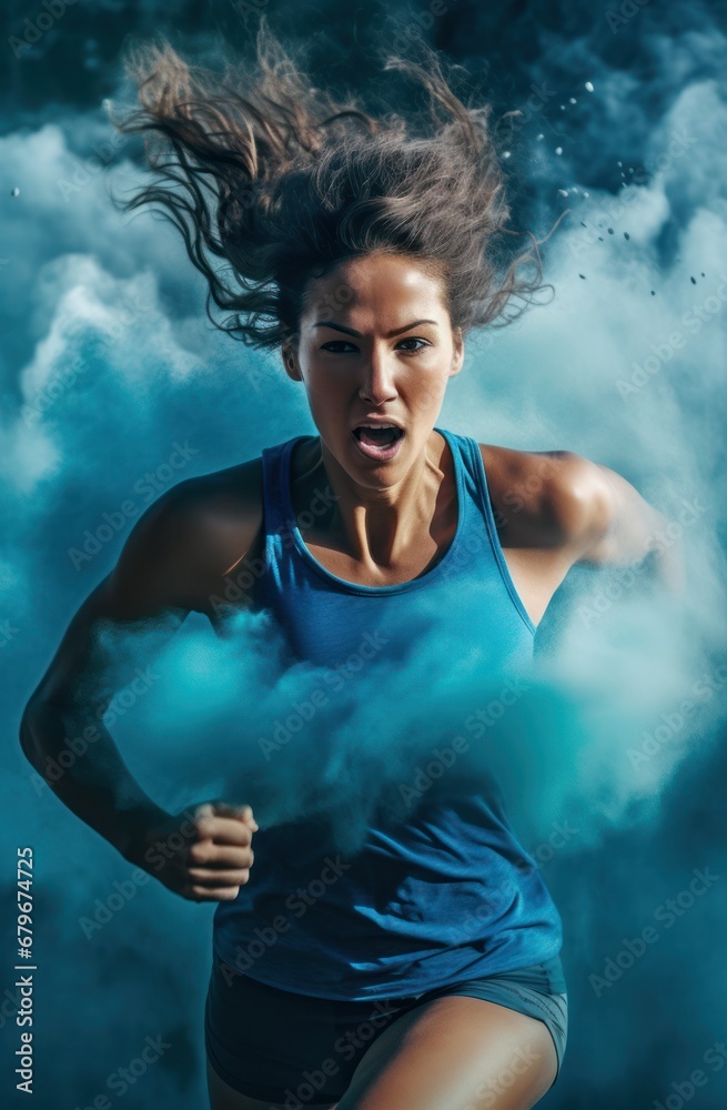 Obraz premium Portrait of athletic woman working out and running on track, running outdoors and doing fitness exercises. healthy concept