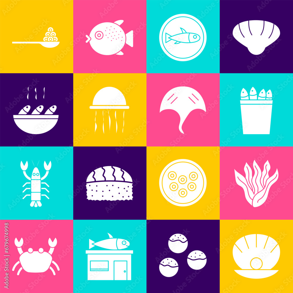 Set Shell with pearl, Seaweed, Fishing bucket fishes, Served on plate, Jellyfish, soup, Caviar spoon and Stingray icon. Vector