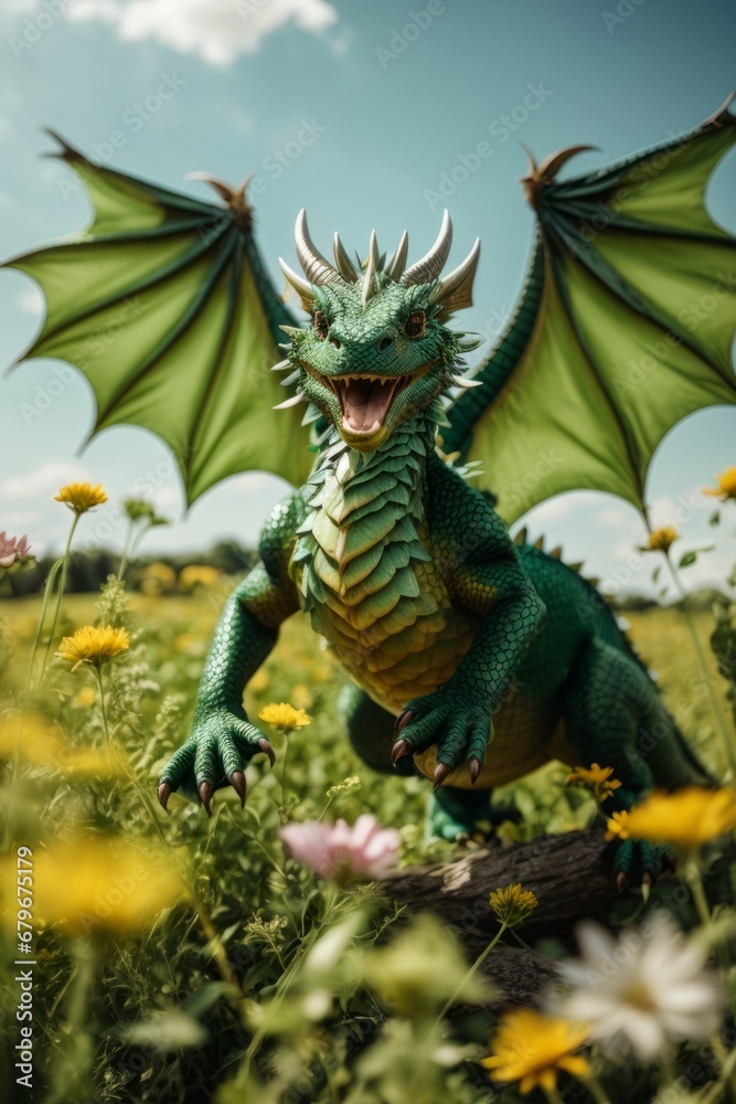 Fototapeta premium Portrait of a smiling green dragon, 2024 concept.