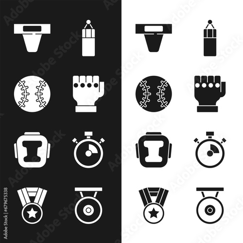 Set MMA glove, Baseball ball, Groin guard, Punching bag, Boxing helmet, Stopwatch, Gong and Medal icon. Vector