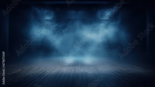 dark blue room background with smoke and floor, Dark empty scene, blue neon searchlight light, smoke, night view, rays.