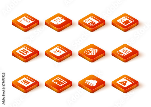 Set Search engine, Keyboard, MySQL code, Page with 404 error, Web development, Processor, Browser exclamation mark and Books about programming icon. Vector © vector_v