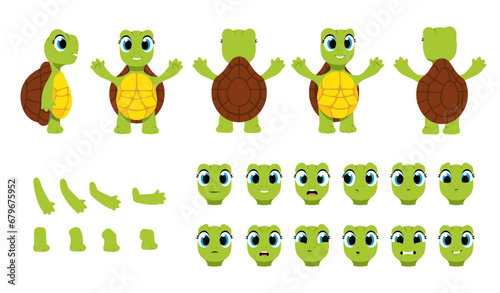 Set of Character Constructor for Animation. Body of cute turtle in different poses and movements. Legs, arms and facial expressions. Cartoon flat vector illustrations isolated on white background © Rudzhan