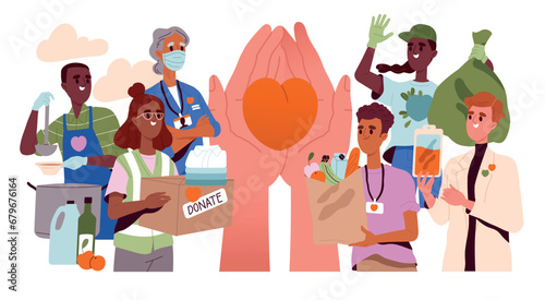 NGO and volunteers. Group of men and women making charitable donations, providing humanitarian aid to people in need and caring for nature. Nonprofit organization. Cartoon flat vector illustration photo