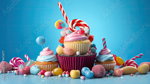 birthday cupcake with candles A cupcake surrounded by candy and candies on a blue background