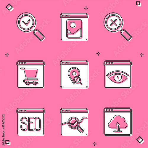Set Magnifying glass with check mark, and delete, Online shopping on screen, Infographic of city map, Browser incognito window, SEO optimization and Website stocks market icon. Vector